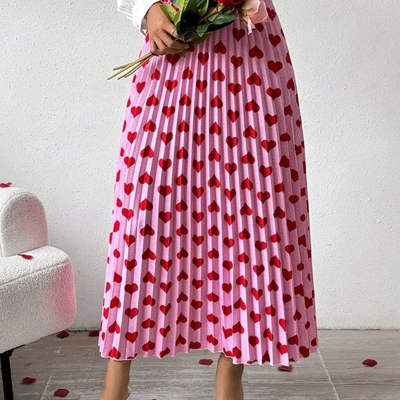 Hot Pink Casual Womens Women's Love Heart Printed Pleated Skirt - Picture 5 of 5